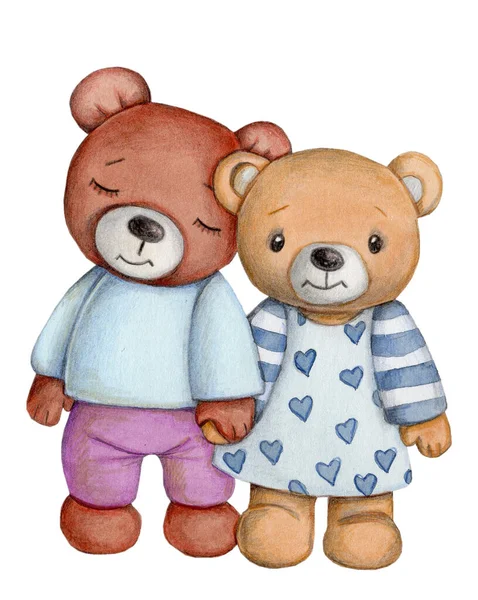 可爱的卡通玩具动物 玩具熊夫妇男孩和女孩 水彩画插图儿童 孤立的白色背景 完美的任何设计 印刷品 — 图库照片