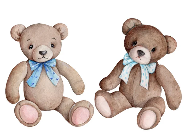 Roztomilé Kreslené Hračky Zvířata Teddy Medvědi Pár Akvarel Ručně Kreslené — Stock fotografie