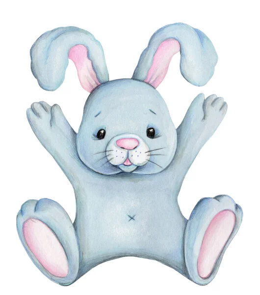 Cute Cartoon Blue Bunny Rabbit Hare Adorable Character Watercolor Hand — Stock Photo, Image