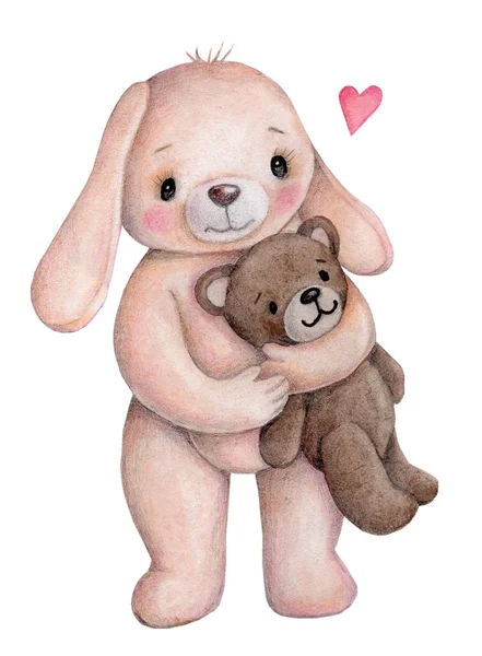 可爱的卡通兔子 兔子与泰迪熊 可敬的性格 水彩画艺术 — 图库照片