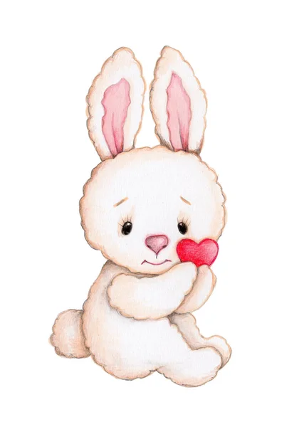 可爱的卡通兔子 野兔递着一颗红心 可敬的性格 水彩画艺术 — 图库照片