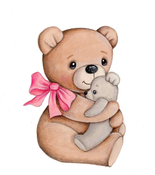 Fun Cartoon Teddy Bear Cute Character Toy Plush Bears Watercolor — Stock Photo, Image