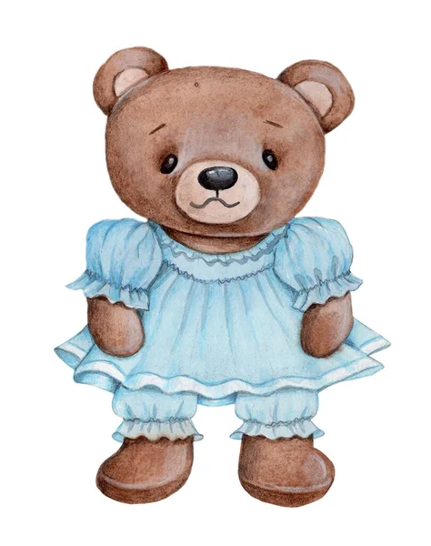 卡通片玩具熊女孩蓝色的衣服 可爱的性格 玩具毛绒熊 儿童水彩画设计 因白人背景而被隔离 — 图库照片