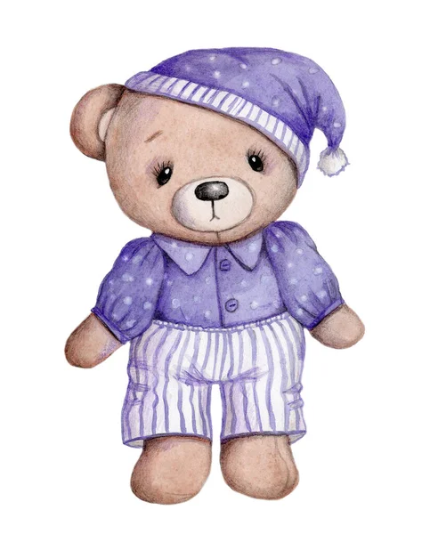 라일락 잠옷을 재밌는 귀여운 캐릭터 장난감 어린이용 디자인이다 배경에 고립됨 — 스톡 사진