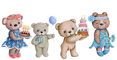 Tatlı çizgi film karakteri oyuncak ayıların pasta ve doğum günü hediyeleriyle suluboya çizimi. 