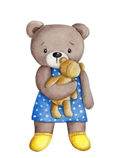 Aquarel Hand Getekend Illustratie Van Schattig Stripfiguur Teddybeer Blauwe Jurk — Stockfoto