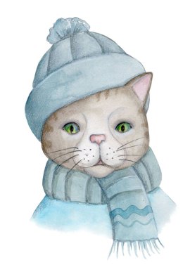 Mavi şapkalı ve atkılı şirin çizgi film kedisi. Suluboya el çizimi, izole edilmiş.