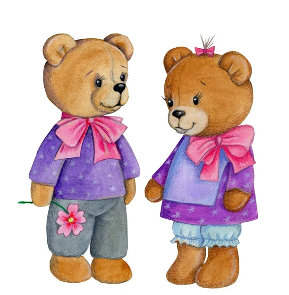 Ilustración Acuarela Lindo Osito Peluche Pareja Chico Chica Dibujado Mano — Foto de Stock