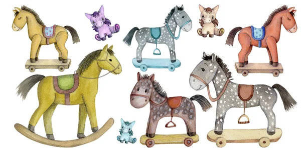 Cute cartoon baby toy horses set.  Watercolor hand drawn illustration for any baby and kids design. Isolated.