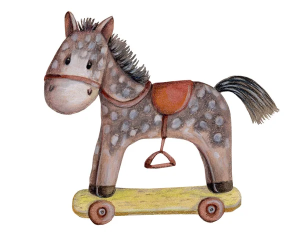 Cute cartoon baby toy grey horse. Watercolor hand drawn illustration for any baby and kids design. Isolated.