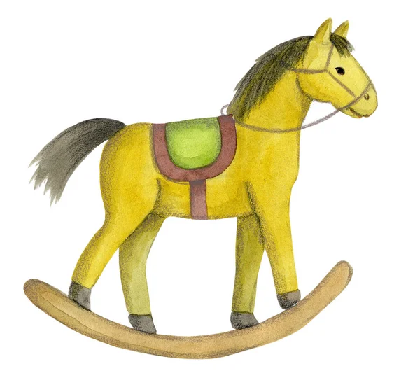 Cute cartoon baby toy horse. Watercolor hand drawn illustration for any baby and kids design. Isolated.