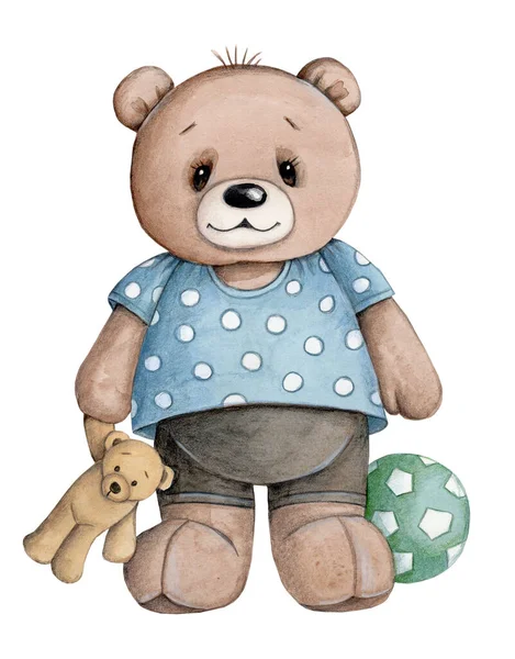 Cartoon teddy bear, cute toy animal, watercolor illustration for children design. Isolated on white background. Hand painted.