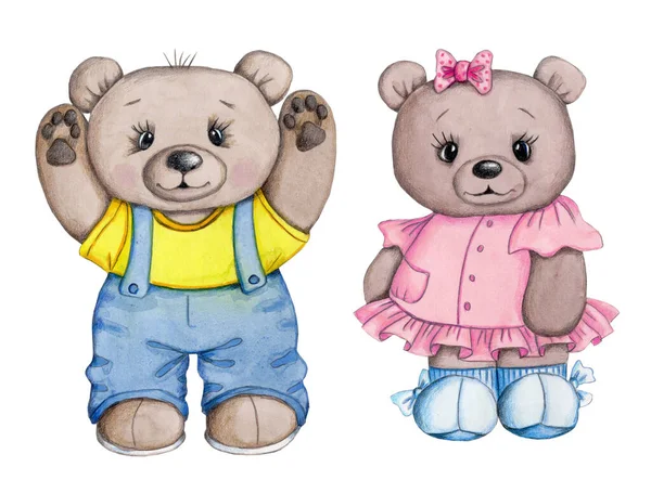 Cartoon teddy bears boy and girl, cute toy animal, watercolor illustration for children design. Isolated on white background. Hand painted.