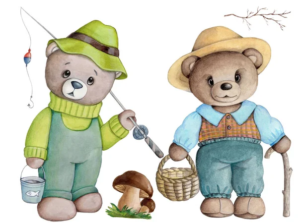 Cartoon teddy bear with blue bow, cute toy animal, watercolor illustration for children design. Isolated on white background. Hand painted.