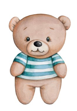 Tatlı oyuncak ayının suluboya el çizimi. Beyaz arka planda izole edilmiş. Bebek ve çocuk tasarımı öğesi.