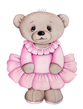 Tatlı oyuncak ayının suluboya el çizimi. Beyaz arka planda izole edilmiş. Bebek ve çocuk tasarımı öğesi.