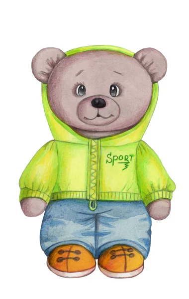 Akvarel Ručně Kreslené Ilustrace Roztomilé Kreslený Medvídek Zeleném Modrém Oblečení — Stock fotografie