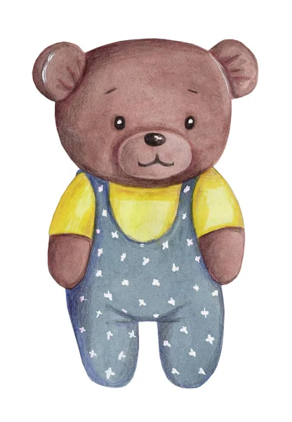 Watercolor Hand Drawn Illustration Cute Cartoon Teddy Bear Baby Isolated — Stock Photo, Image