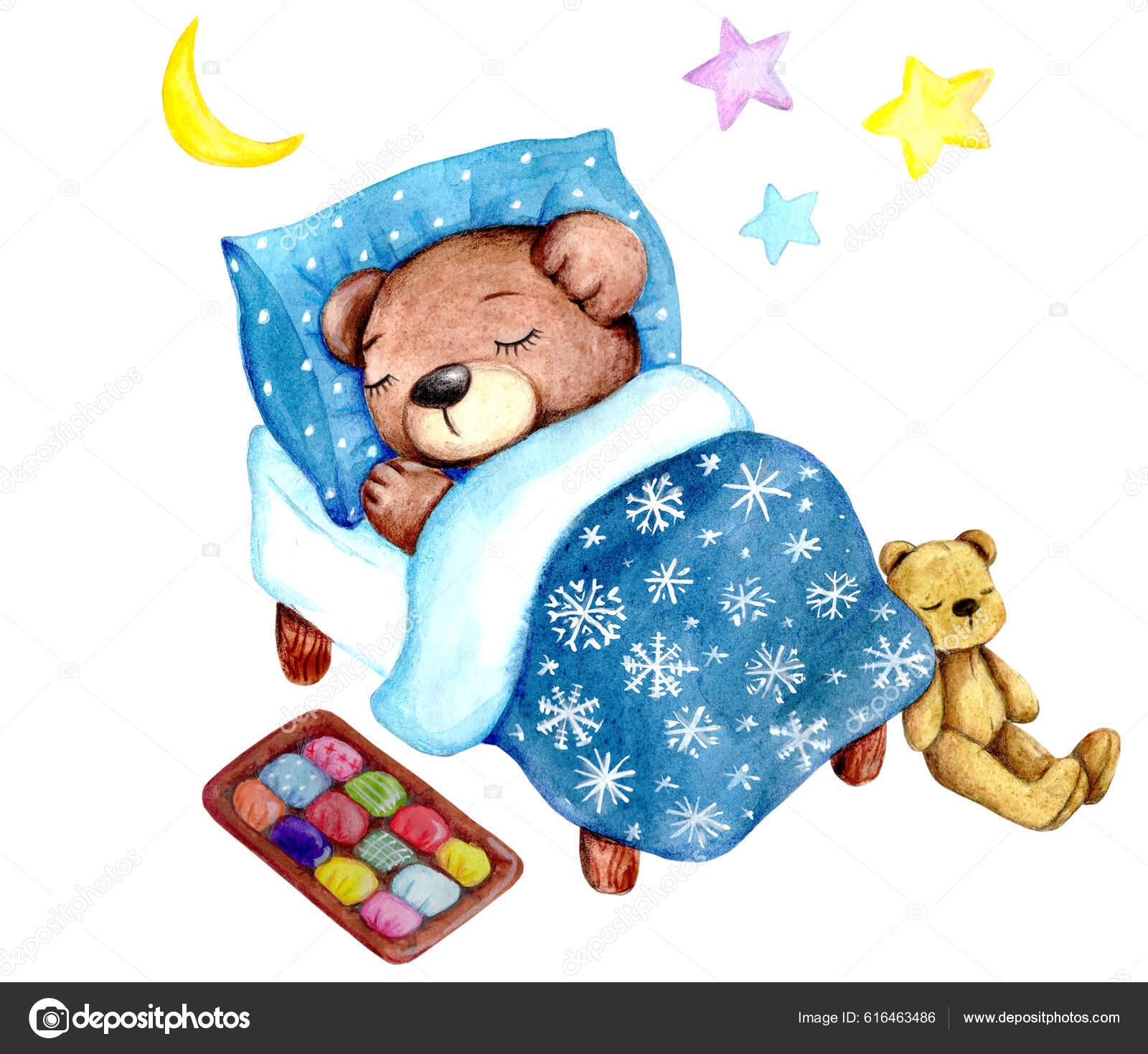 Cute Cartoon Little Teddy Bear Sleeping Bed Watercolor Ilustration