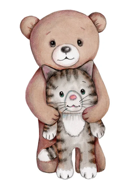 Netter Cartoon Kleiner Teddybär Und Graue Katze Aquarell Illustration Für — Stockfoto