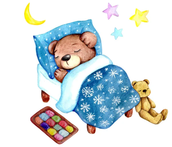 Leuke Tekenfilm Kleine Teddybeer Slapen Bed Aquarel Ilustratie Voor Kinderen — Stockfoto