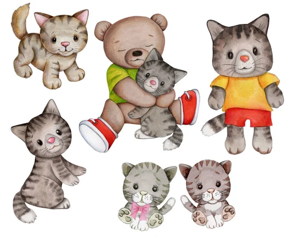 Söt Tecknad Liten Teddybjörn Och Grå Katter Akvarell Ilustration För — Stockfoto