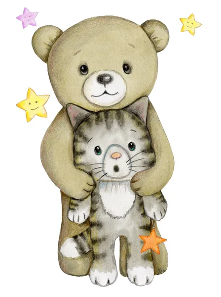 可爱的卡通小泰迪熊和一只猫 儿童水彩画 幼稚园设计元素 婴儿指纹 手拉手被隔离了 — 图库照片