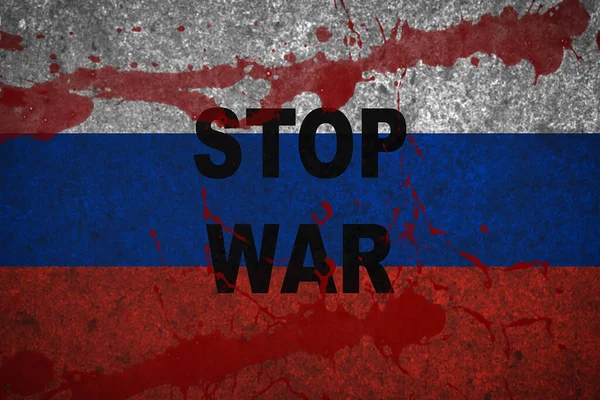 Arrêtez Texte Guerre Sur Drapeau Russe Sanglant Image En Vente