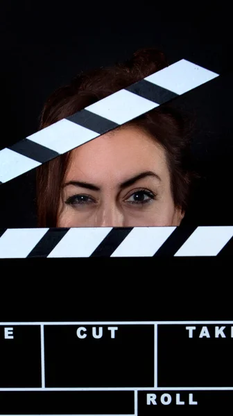 Portrait Beautiful Young Woman Clapperboard She Holding Clapperboard Film Production — Photo