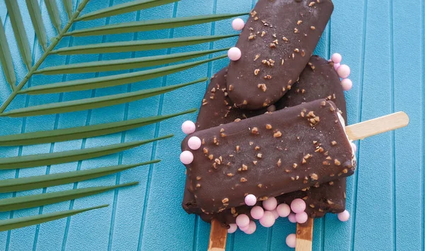 Ice Creams on sticks with pink candies and tropical leaf on blue background