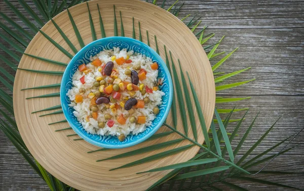 Bowl Rice Legumes Green Leaves — 스톡 사진