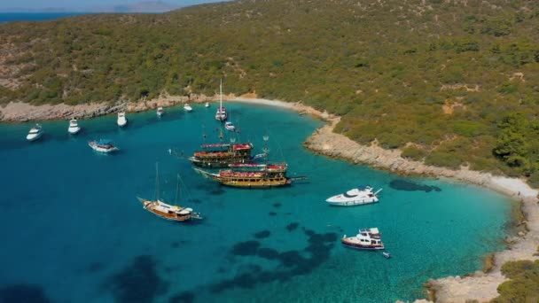 Aérea: Bahía de Acuario con barcos de excursión y yates, hito en Bodrum, Turquía — Vídeos de Stock