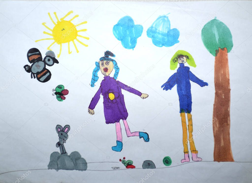 drawings, children's, pencils, colored, family, children, sun, parents, classes, painting, joy
