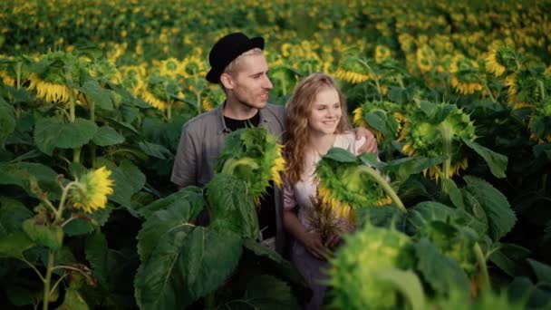 A young couple is talking embracing in a sunflower field on a sunny day — Stock Video