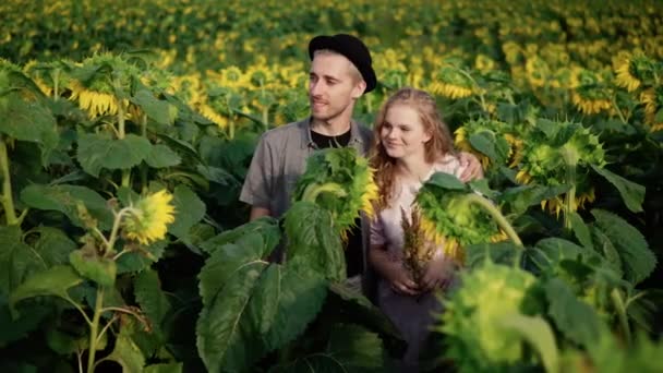 Kaukázusi pár pózol a kamera előtt egy napraforgó mezőn egy napsütéses napon — Stock videók