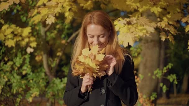 Щаслива жінка соромиться, захоплюється букетом листя в осінньому сонячному парку — стокове відео