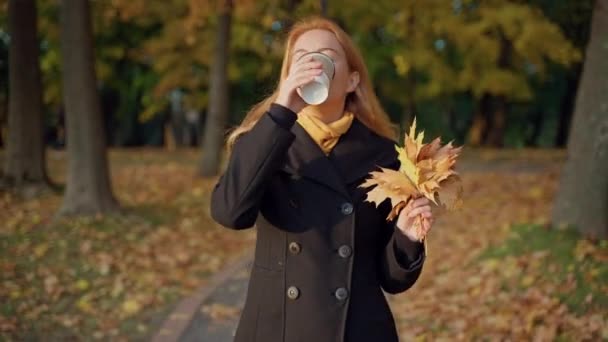 Žena prochází parkem, pije kávu, usmívá se na červeného psa, odpočívá — Stock video
