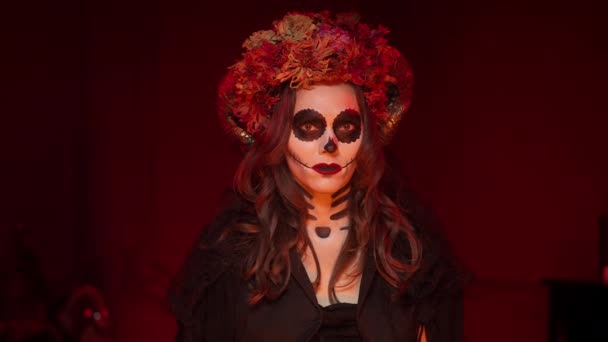 Idea of calavera witch Halloween with horns, painted eyes, sewn mouth — Stock Video