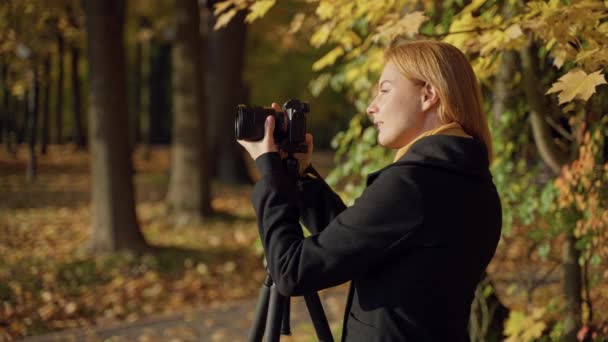 Fotógrafo mulher fotografar outono paisagem parque com câmera mirrorless — Vídeo de Stock