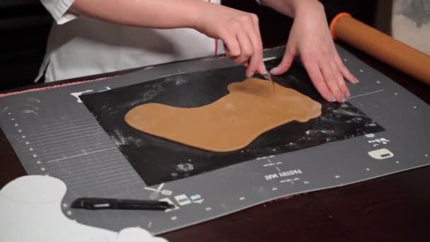 在制作圣诞蛋糕的过程中，一步一步地上主课，用叉子在面团上穿孔 — 图库视频影像