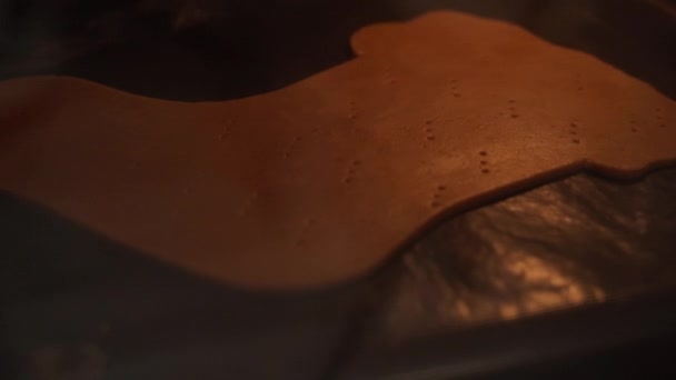 Тісто запікається на пергаментному папері на випічці в духовці — стокове відео