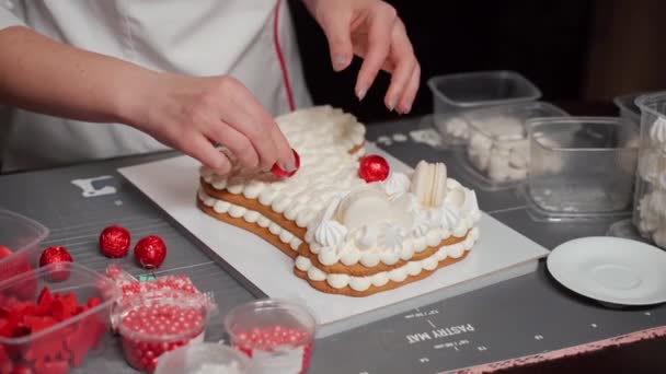 Idea of design of New Years dessert. Step-by-step recipe for making cake — Stockvideo