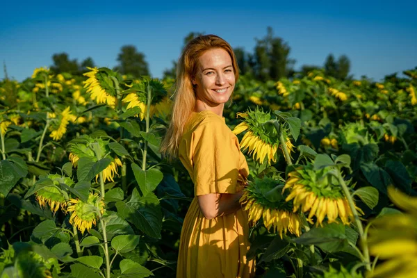Portrait of friendly young red-haired woman in yellow dress in sunflower field Stock Photo