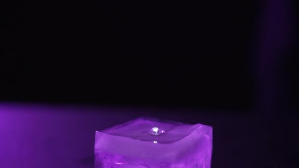 Primo piano di un cubo di ghiaccio sciolto su sfondo scuro con illuminazione viola — Video Stock