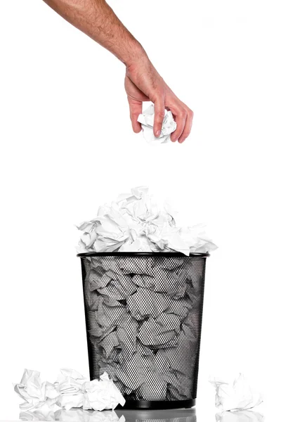 Metal trash bin from paper and hand — Stock Photo, Image