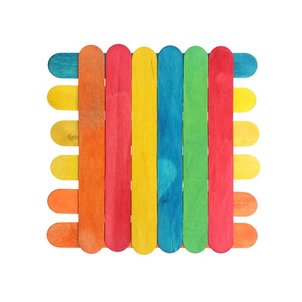 Kleurrijke Houten Lolly Sticks Ijsstokjes Geïsoleerd Witte Achtergrond — Stockfoto