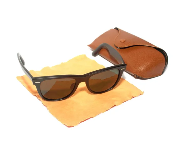 Fashion Sunglasses Glasses Cleaning Cloth Leather Case Isolate White — Stock Photo, Image