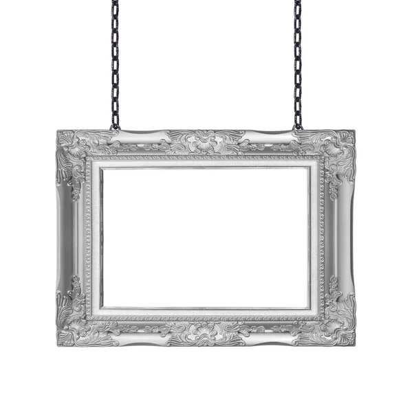 Gray Frame Signboard Hanging Chain Isolated White Background — Stock Photo, Image