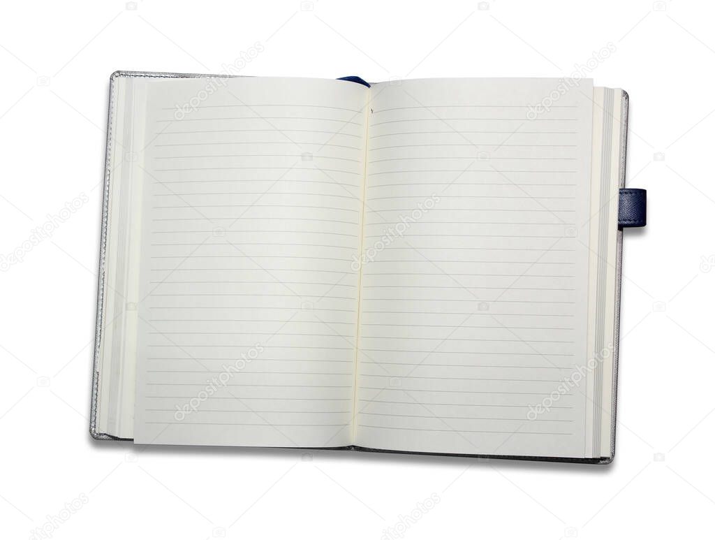Notebook open on a white background.
