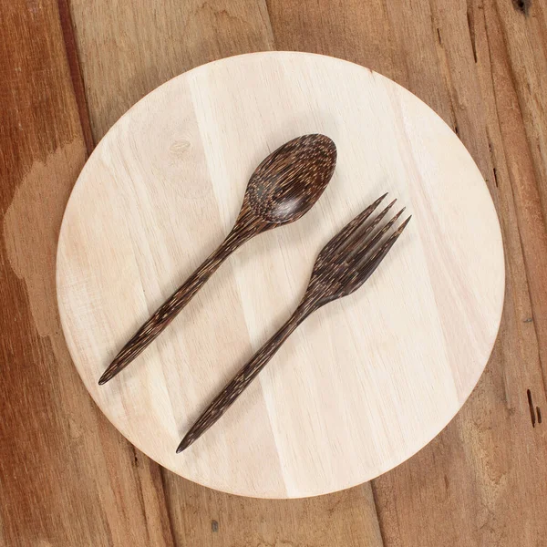 Wooden Plate Spoon Fork Wood Table Background — Stock Photo, Image